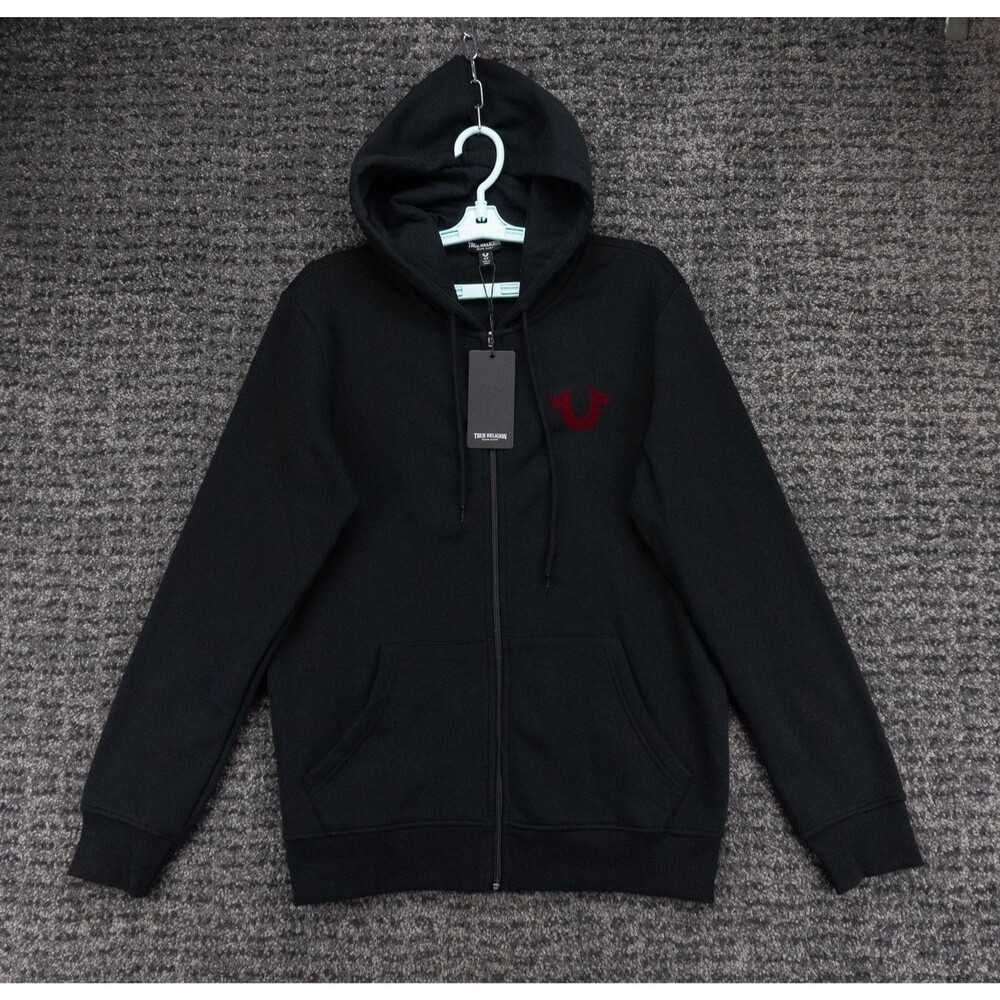 True Religion Hoodie Mens Small Black Full Zip Jacket Graphic Print Logo NWT